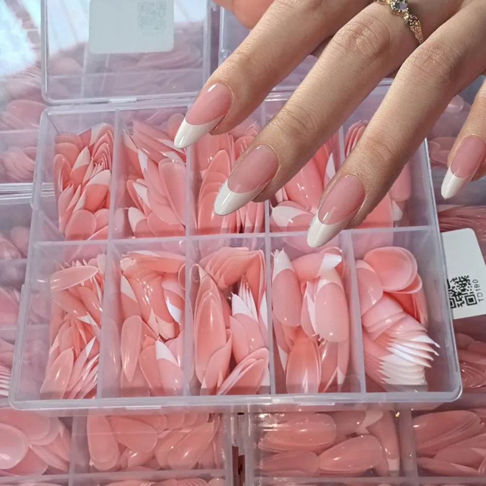 96/360pcs Glossy Almond Fake Nails -1 Box White French Tip Press On Nails Acrylic Natural False Nails For Women Girls Decoration