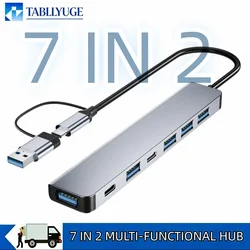 7-Port USB Hub Splitter 1USB3.0+4USB2.0+2USB-C 2.0 with 5W Power Supply High Speed Multiport Expander for Laptop Desktop PC Comp