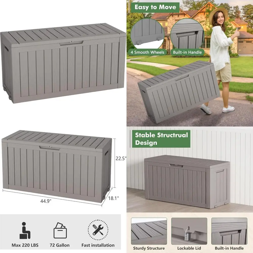 صندوق سطح من الراتنج قابل للقفل - حاوية تخزين خارجية مقاومة للماء سعة 72 جالونًا لوسائد ووسائد أثاث الفناء