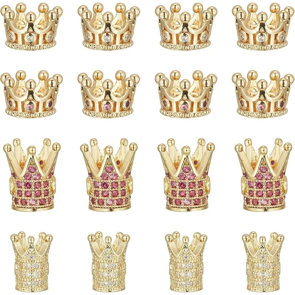 

16 Pcs Cubic Zirconia Crown Beads 4 Styles Brass King Crown Charms Rhinestone Spacer Beads for DIY Crafts Jewelry Making