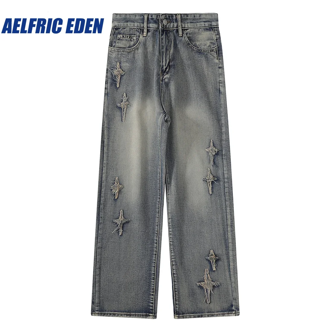 

Aelfric Eden Star Embroidered Washed Jeans 2023 Men Hip Hop Denim Streetwear Hole Denim Pant Harajuku Joggers Jeans Harem Pants