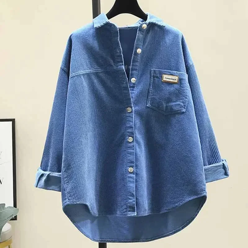 

Spring Autumn New Female Advanced Sense Corduroy Cardigan Shirt Coat Women Loose Fit Leisure Mid Length Version Shirt Top