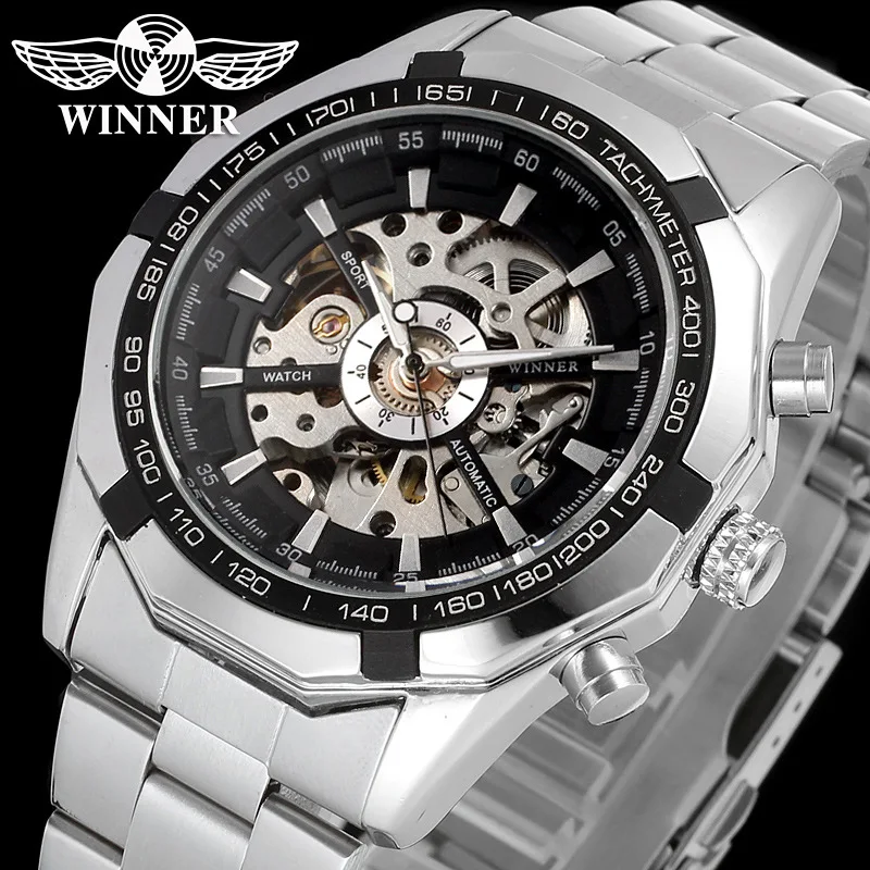 Fashion Winner Top Brand Men's Hollowed Out Fully Automatic Mechanical Stainless Steel Wirst Watches