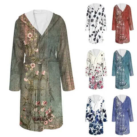 Flannel Floral Printed Nightgown Water Absorbing Quick Drying Yukata Men'S And Women'S Long Bathrobes Homewear Pajamas