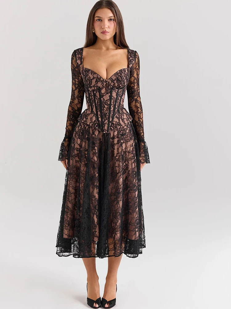 

JULISSA MO Sexy See Through Lace Bandage Women Maxi Dress Flare Sleeve High Waist Dress Autumn Slim Elegant Party Evening Dress