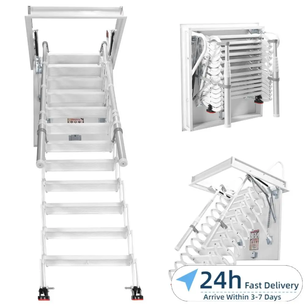 

12-ступенчатая потолочная лестница для чердака с поручнями, настенная, грузоподъемность 660 фунтов, регулируемая по высоте для неровных проемов