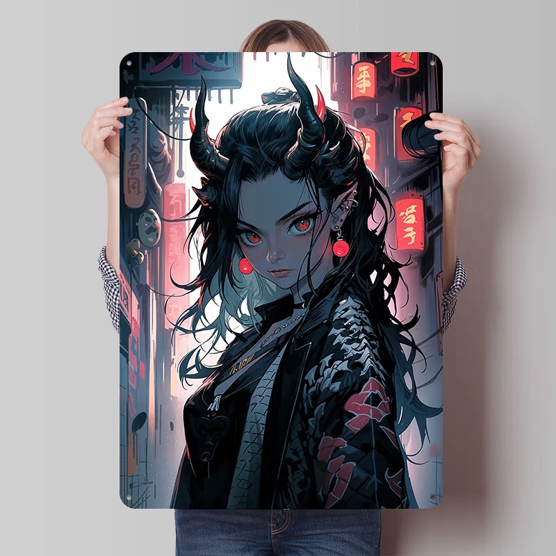 Demon Girl in Urban Setting Printed Poster Customized Retro Wall Art Vintage Metal Tin Signs for Home Desk Decor Room Decoration