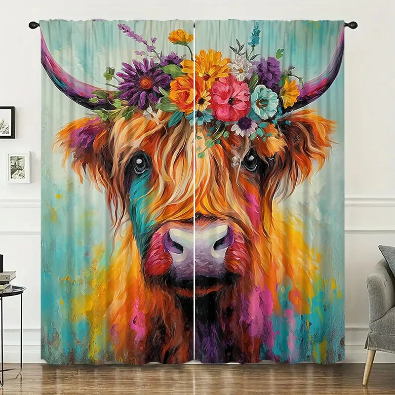 Wreath pattern cotton print curtains, installed with pocket rods, suitable for bedrooms, living rooms, balconies, for decoration