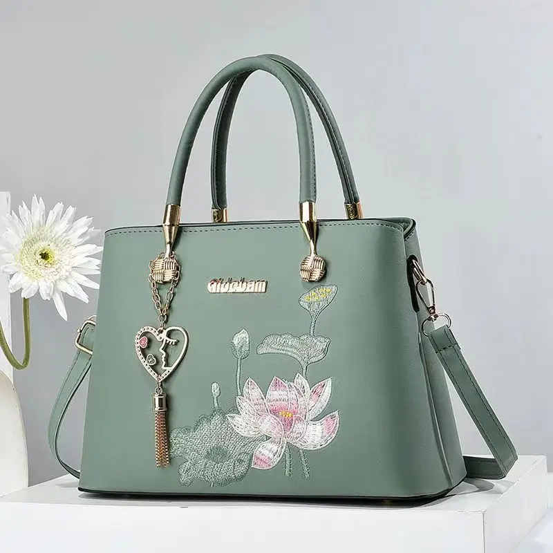 

Lotus Embroidery Women's Crossbody Bag Luxury PU Leather Handbag with Sequined Tassel Brand Shoulder Bag for Ladies