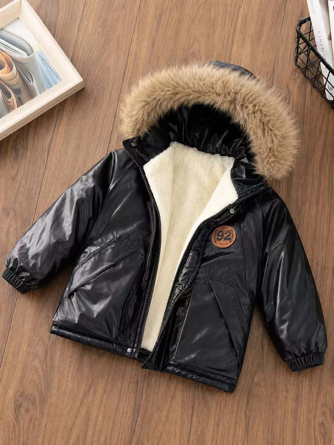 Boys Girls Glossy Hooded Parka – Windproof Warm Fleece Lined Jacket, Easy Care Autumn Winter Outerwear Winter Coat