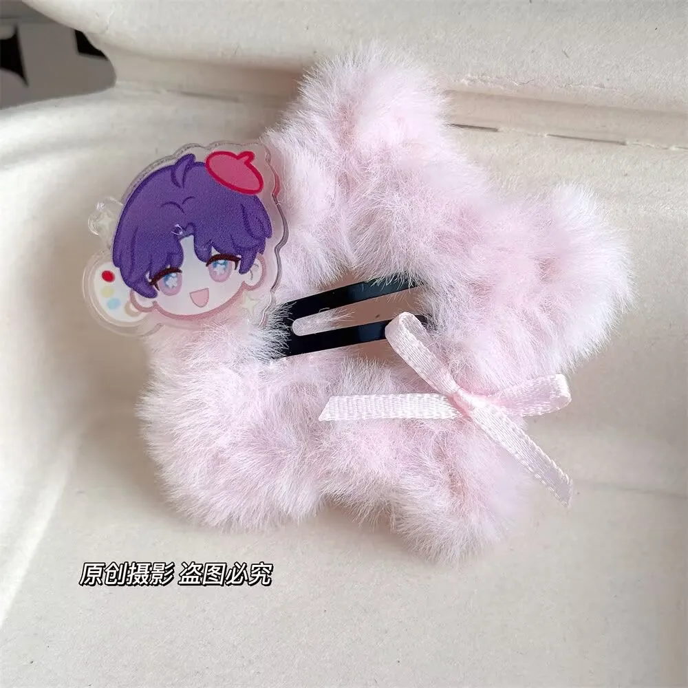 "Love and Deep Space" cute plush star-shaped hairpin with a bow, Qi Yu, Shen Xinghui, Qin Che, side bangs in an Instagram style