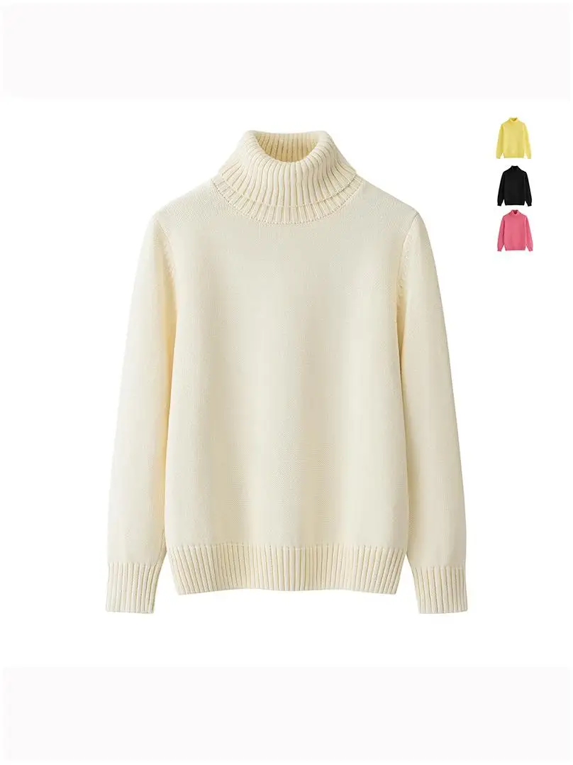

00% Pure Cotton Thiened High Collar Sweater Women's Loose Knitted Top Winter Casual Sle Long Sve Regular Length