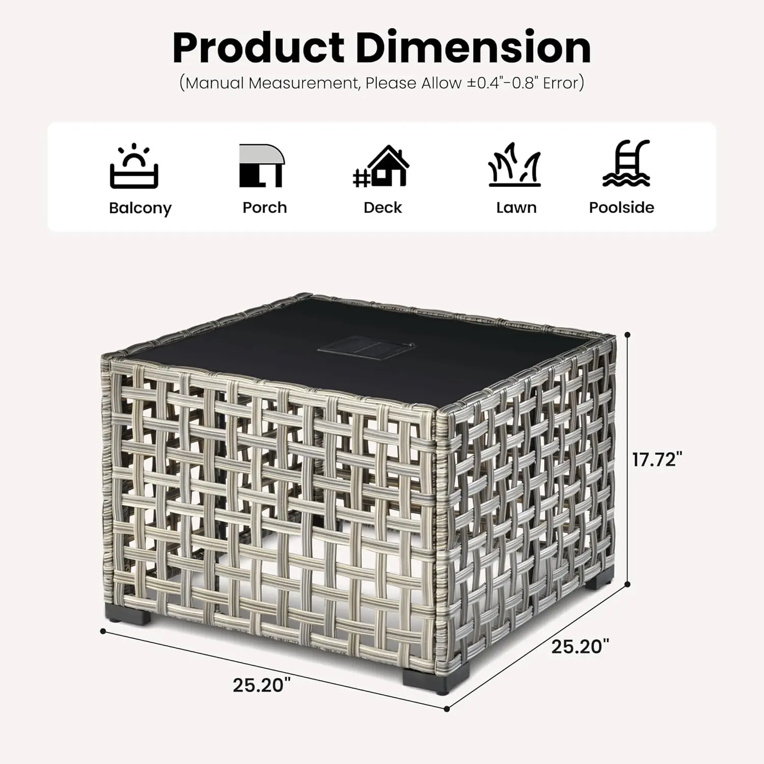 Wicker Side Table Glass Top Solar Light All-Weather Patio Porch Deck Balcony Garden Poolside Brown Medium, Customized