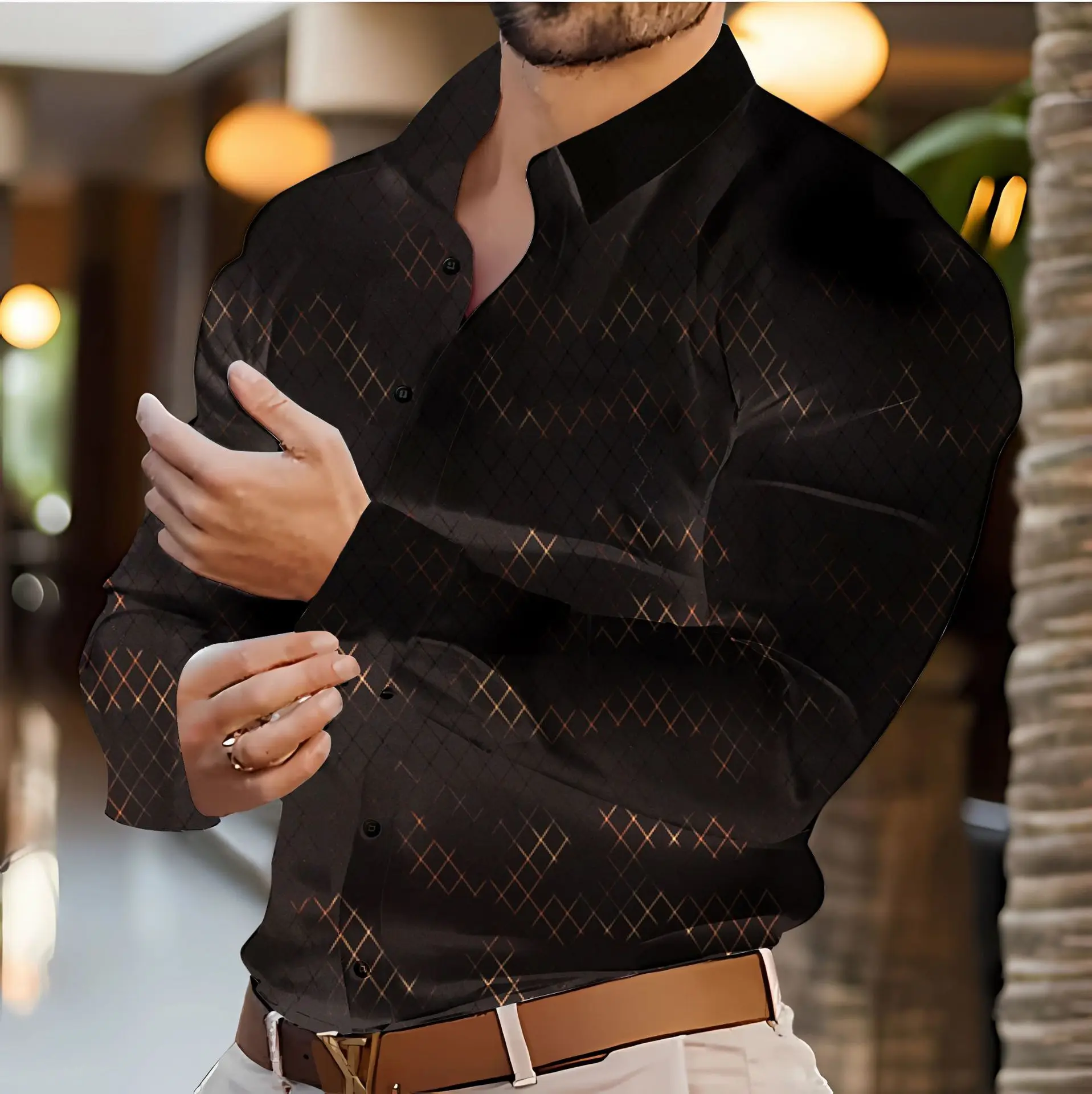 2025 new men's geometric hot stamping printed spring and autumn shirt men's casual explosive fashion long-sleeved shirt