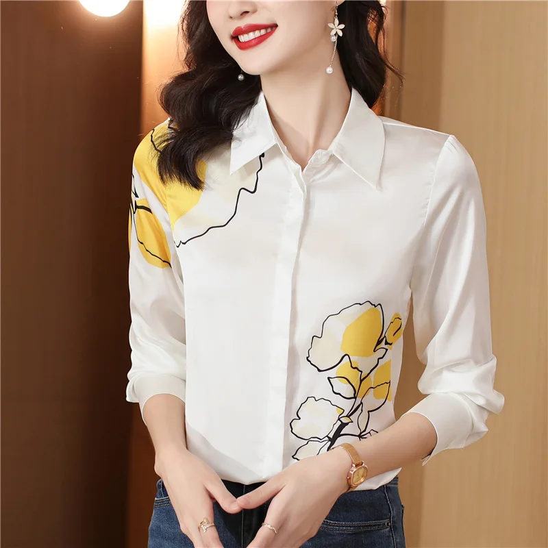 

High-End New Spring Long Sleeve Color-Block Print Fashionable Mulberry Silk Base Shirt