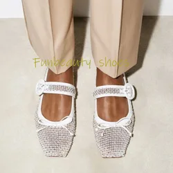 2024 Women's Square Toe Mary Jane Shoes Ballet Shoes Bow Tie Rhinestone Flat Shoes High-quality Genuine Leather Soft Shoes