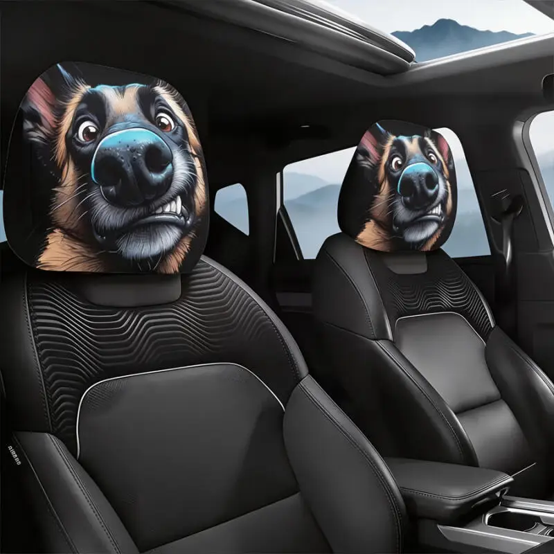 2PCS- 2D German Shepherd Car Headrest Cover - Funny Cartoon Dog Headrest Protector Universal Fit Auto Interior Decor