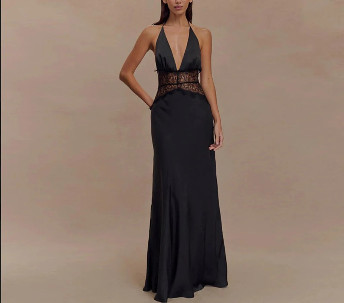 

Simple mesh deep v backless lace patchwork long evening dress solid color backless fishtail evening dress dress elegant-GZINS009