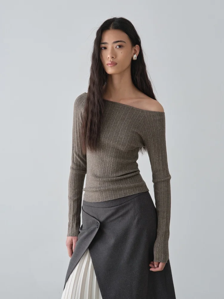 

Un2025 New Retro Simple Linen Knitted One-oulder Slim Long Sve Top Casual Sle Women's Knitted Cotton Polyester Blend