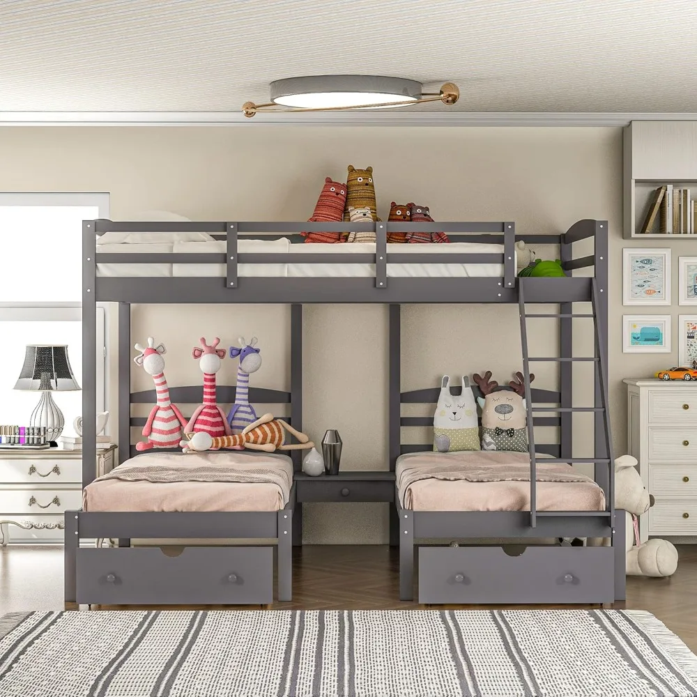 

Triple Bunk Bed Full Over 2 Twin Bunk Bed with 3 Drawers and Guardrails, for Family, Teens, Kids, No Box Spring Needed, Beds