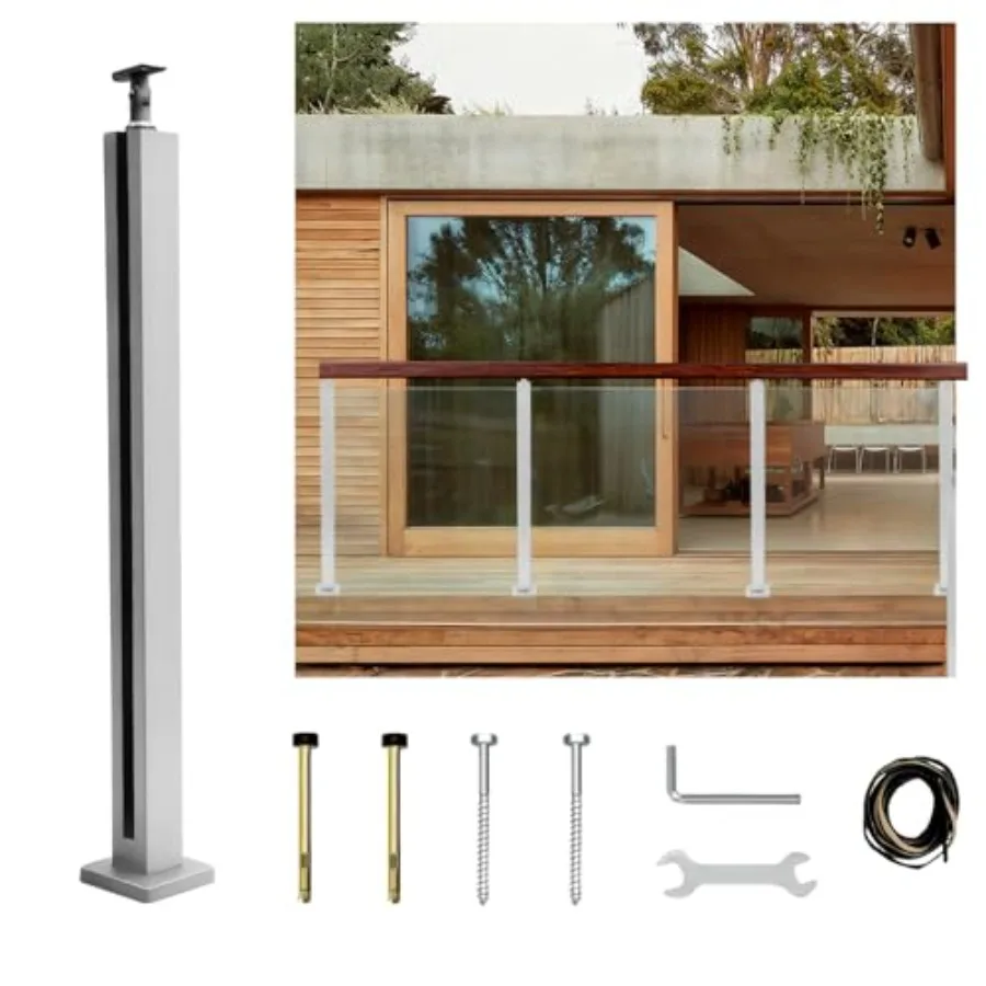 

35.8" Glass Railing with Top Adjustable Bracket for Handrails, 304 Stainless Steel Glass Balustrade Post with Spigot Slots for