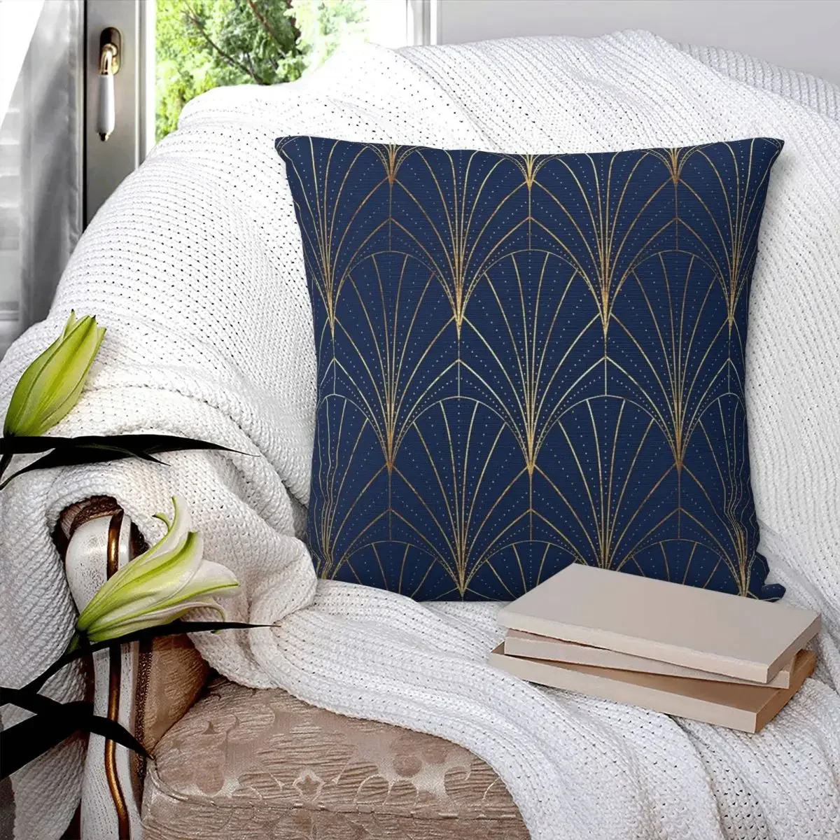 Art Deco Waterfalls Navy Blue Pillowcase Polyester Pillows Cover Cushion Comfort Throw Pillow Sofa Decorative Cushions Used