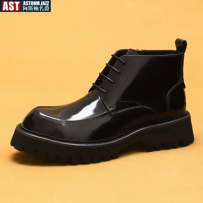 Autumn Winter Mens Boots Patent Leather Lace-up Platform Short Boots Round Toe Dress Business Ankle Boots Shoes British Style