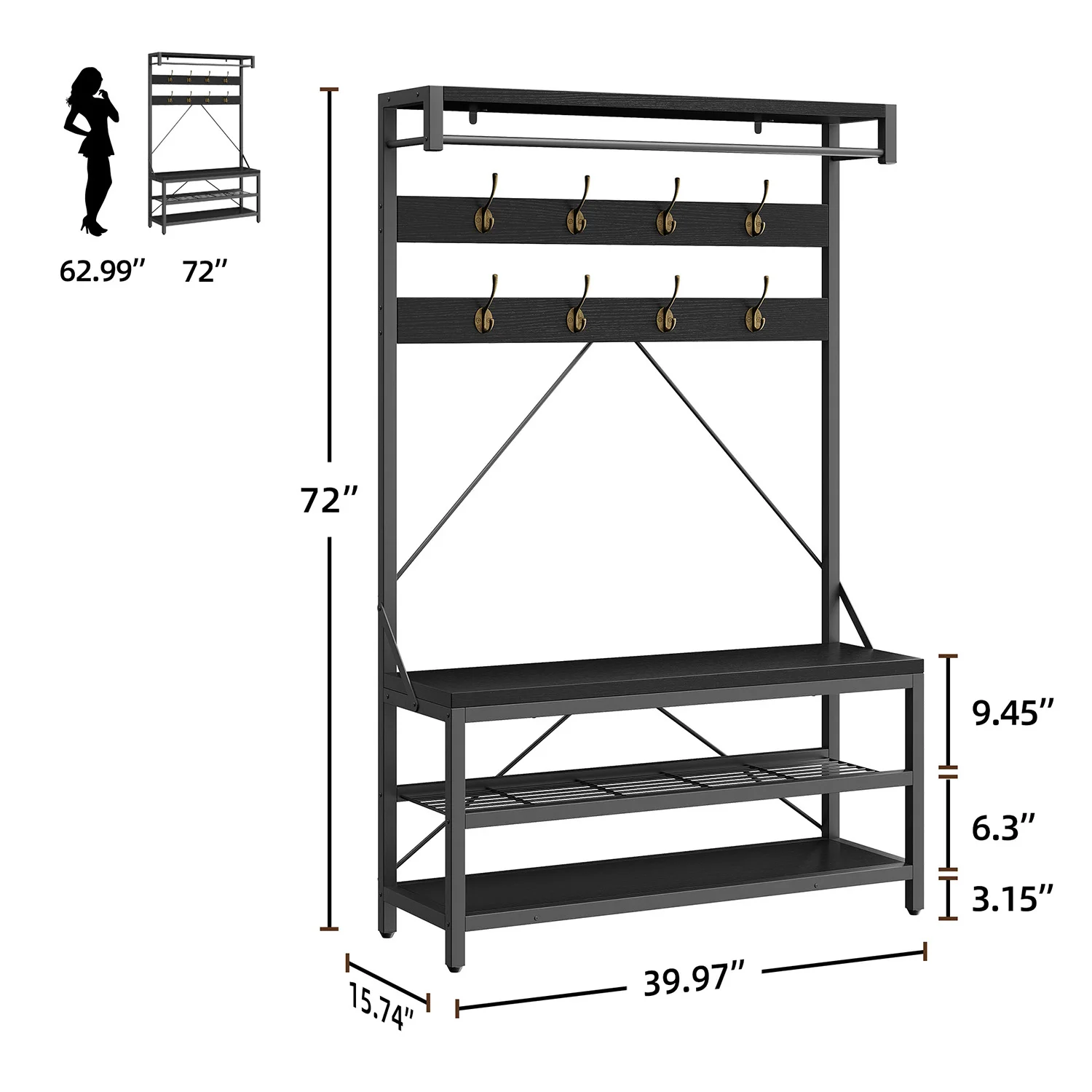 Industrieller Garderobenständer mit Schuhwechselbank, 2-stufiger Schuhablage, Haken, Kleiderstange, Metallrahmen für Flur, Garderobe, Schlafzimmer – Detail 4