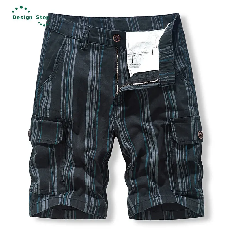 New Men's Striped Cargo Shorts Man Breathable Cotton Sports and Leisure Pocket Shorts for Summer