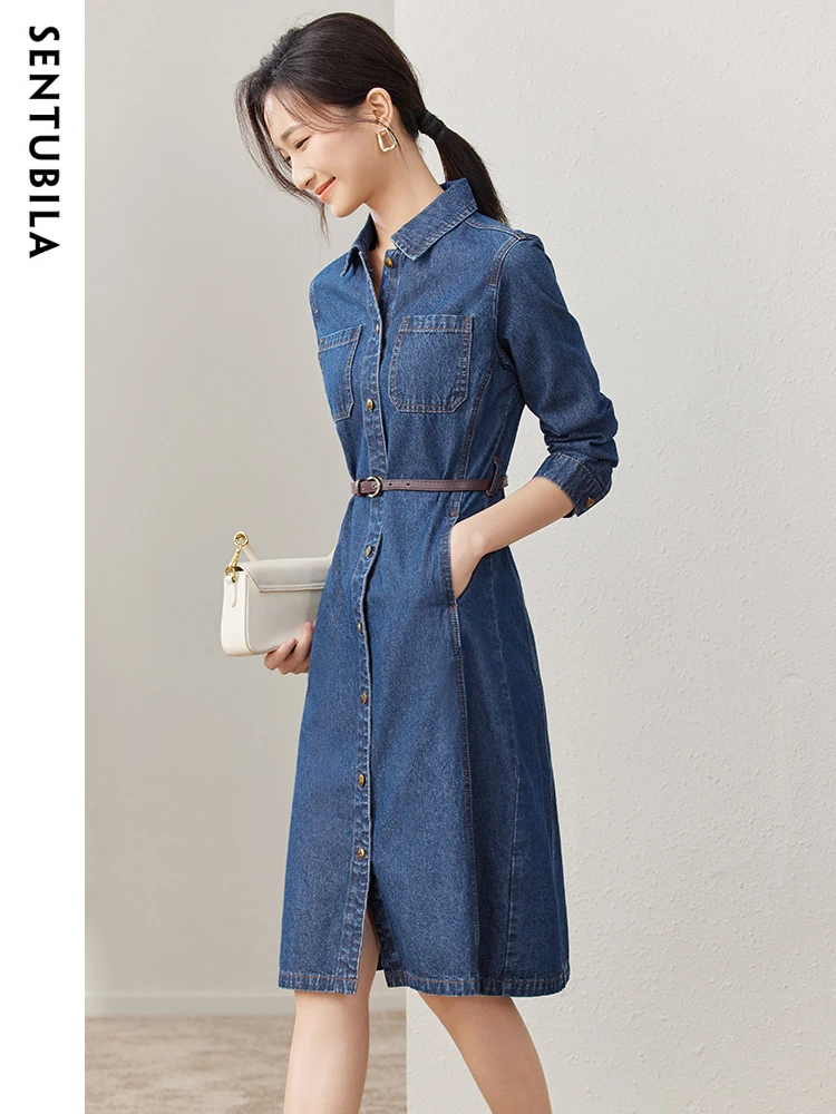 SENTUBILA 100% Cotton Denim Dresses Women 2024 Autumn Long Sleeve Button Up Midi Temperament Trendy Belt Dress Female W33L50577