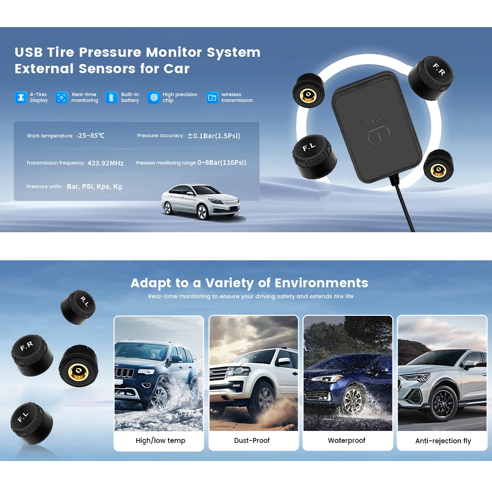 USB Android TPMS Tire Pressure Monitoring System Display Alarm System Internal Sensors For Car Navigation Car Radio 4 Sensors