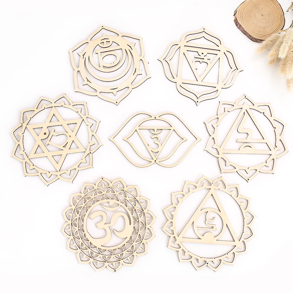 7PCS/SET Wooden Chakra Symbol Pad Kitchen Placemats Hollow Out Coaster Home Decoration Accessories Wall Hanging Ornament Crafts