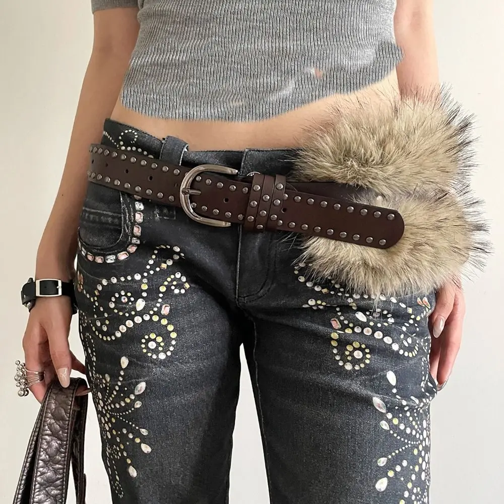 

Personality Rivet Leather Fur Belt Western Style Faux Fur Y2K Waistband Versatile Punk Plush Belt Dress Decoration
