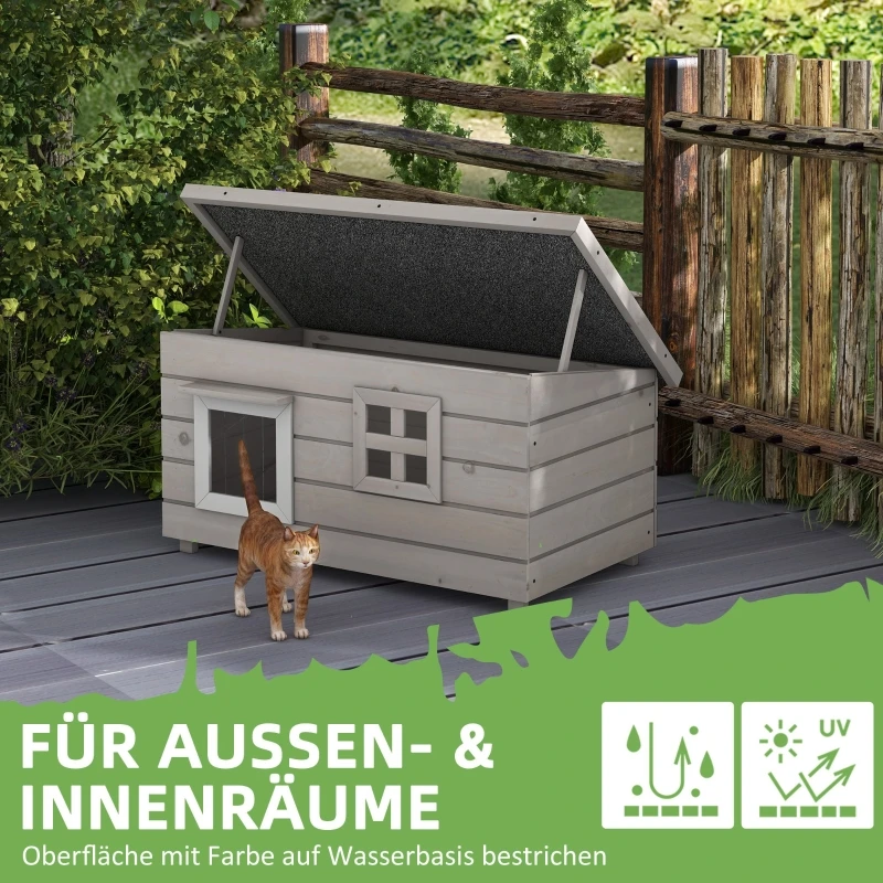 Wasserdichtes Katzenhaus aus Holz, Asphaltdach, klappbarer Deckel, Fenster, winterfest, grau, 87×52×44cm – Detail 5