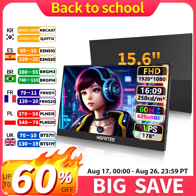 HGFRTEE Ultra-Slim Portable Monitor 15.6'' FHD 1080P 250cd/m Dual Type-C & HDMI Interface for Laptop PC Phone PS4 Xbox Switch