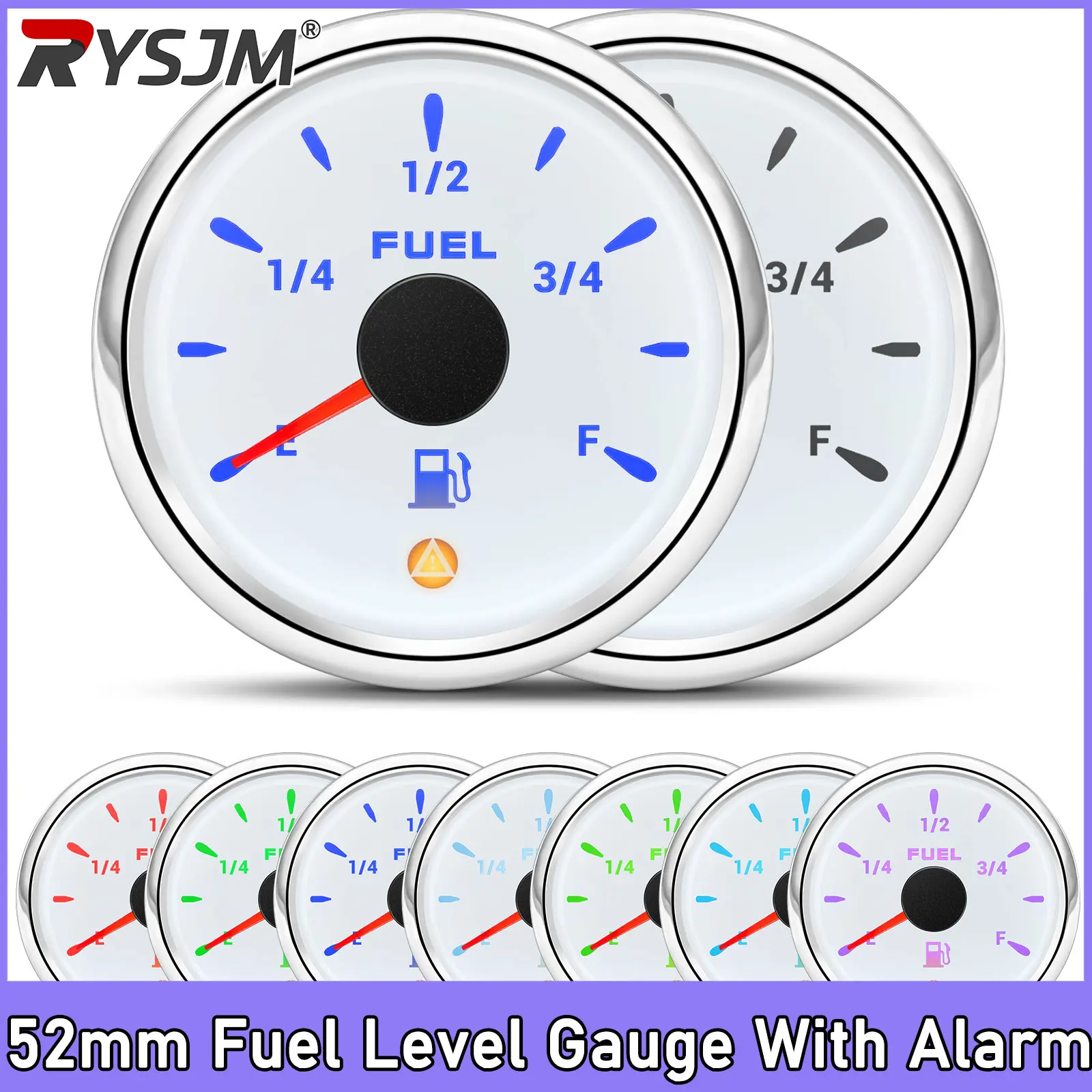 

52mm Fuel Level Gauge With Alarm 13% 7 Color Backlight 240-33ohm 0-190ohm 10-180ohm 0-90ohm 240-30ohm Oil Tank Meter for Car