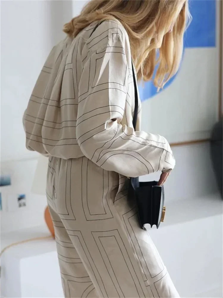 Casual Patchwork Printed 2 Piece-Set For Women Trousers Fashion Lapel Shirts Nightwear Slim High Waist Women's Pants Sets