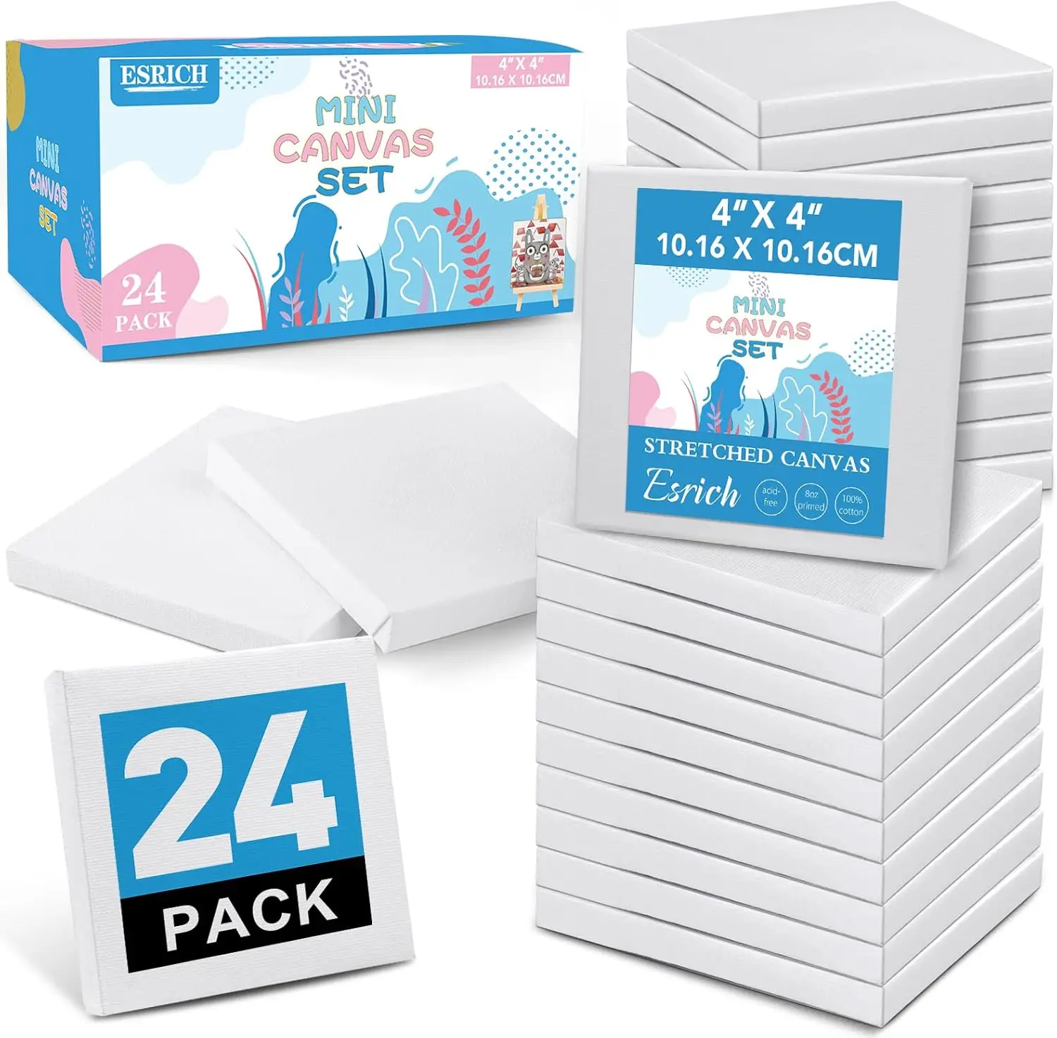 

24 Pack 4x4 Inch Mini Stretched Canvas for Painting, Small Square Blank Canvases for Kids Art Projects, Bulk