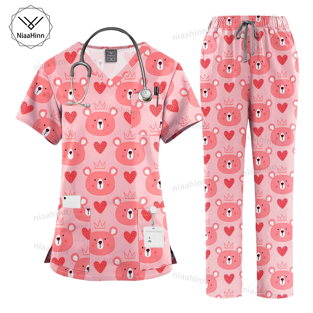 

Wholesale Custom Cartoon Print Designing Nursing Scrubs Top Pants Sets Medical Nurse Doctor Work Uniform Hospital Pharmacy Scrub