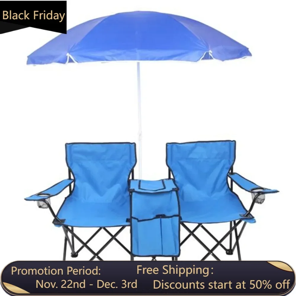 Portable Outdoor Beach Fishing 2 Seater Folding Chair with Detachable Sun Umbrella Blue Made of Steel Tube and Oxford Materials