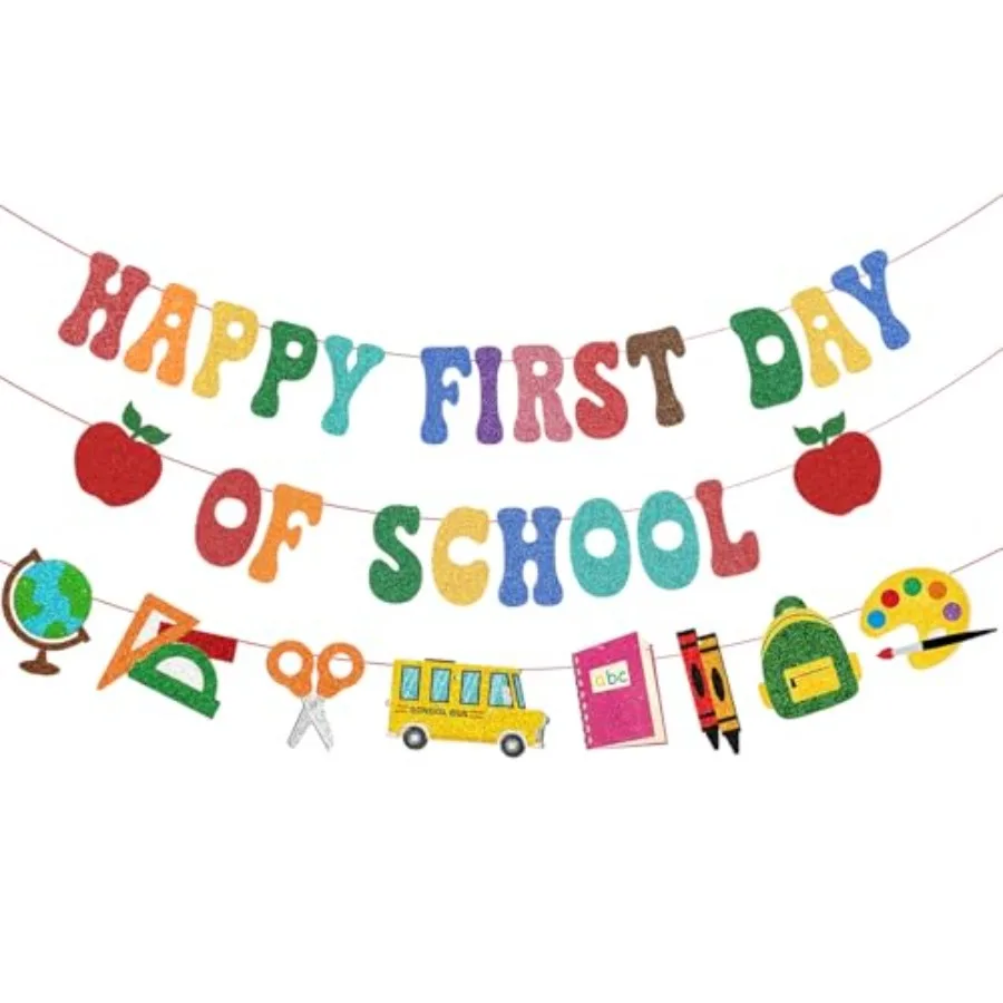 

Pre-Strung Happy First Day Of School Banner Decorations, Glitter Back To School Garland for Kindergarten Classroom Bulletin Hom