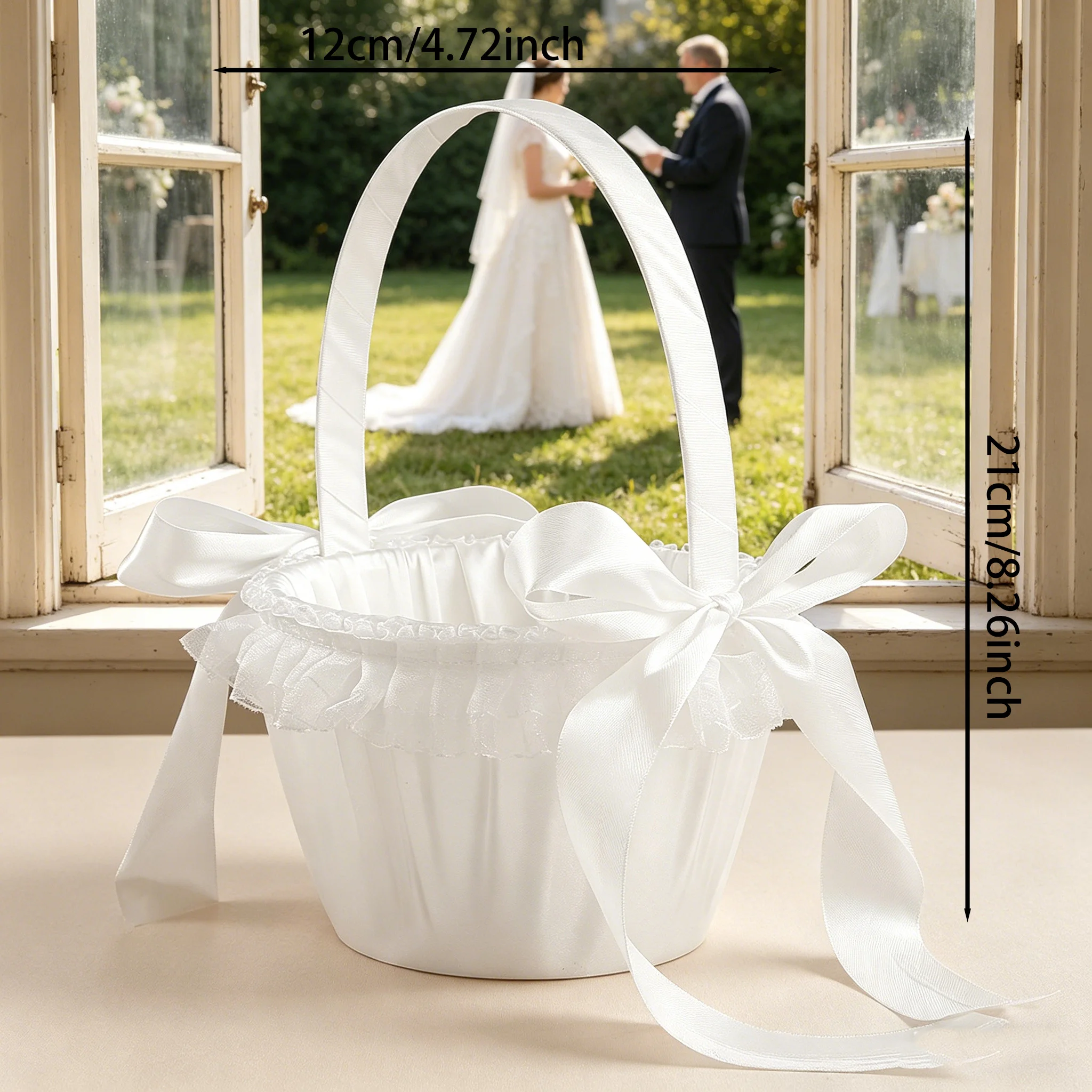 Simple Solid-Color Wedding Flower Basket. The Girl Carries the Decorative Flower Basket at the Beautiful Wedding Scene.