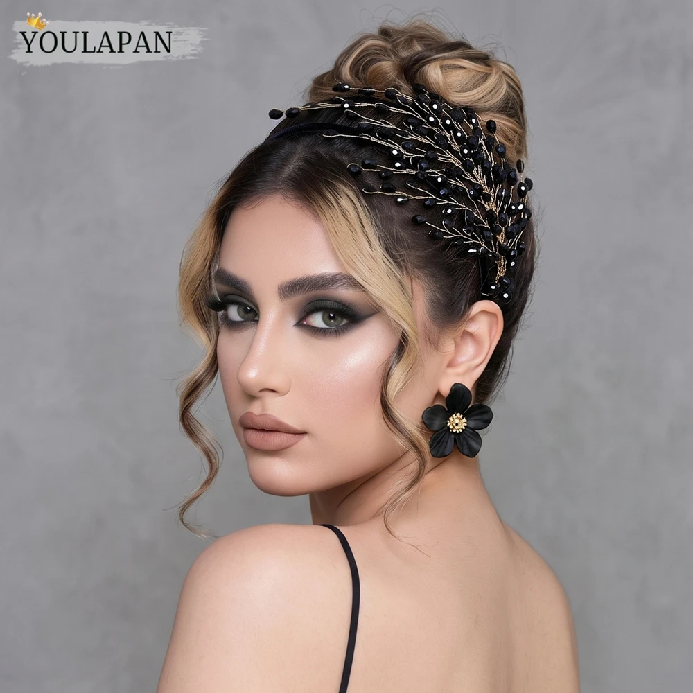 YouLaPan Handmade Golden Branch Black Crystal Headband Sparkly Double Layer Head Hoop Bridal Prom Party Hair Accessory A214 image 2