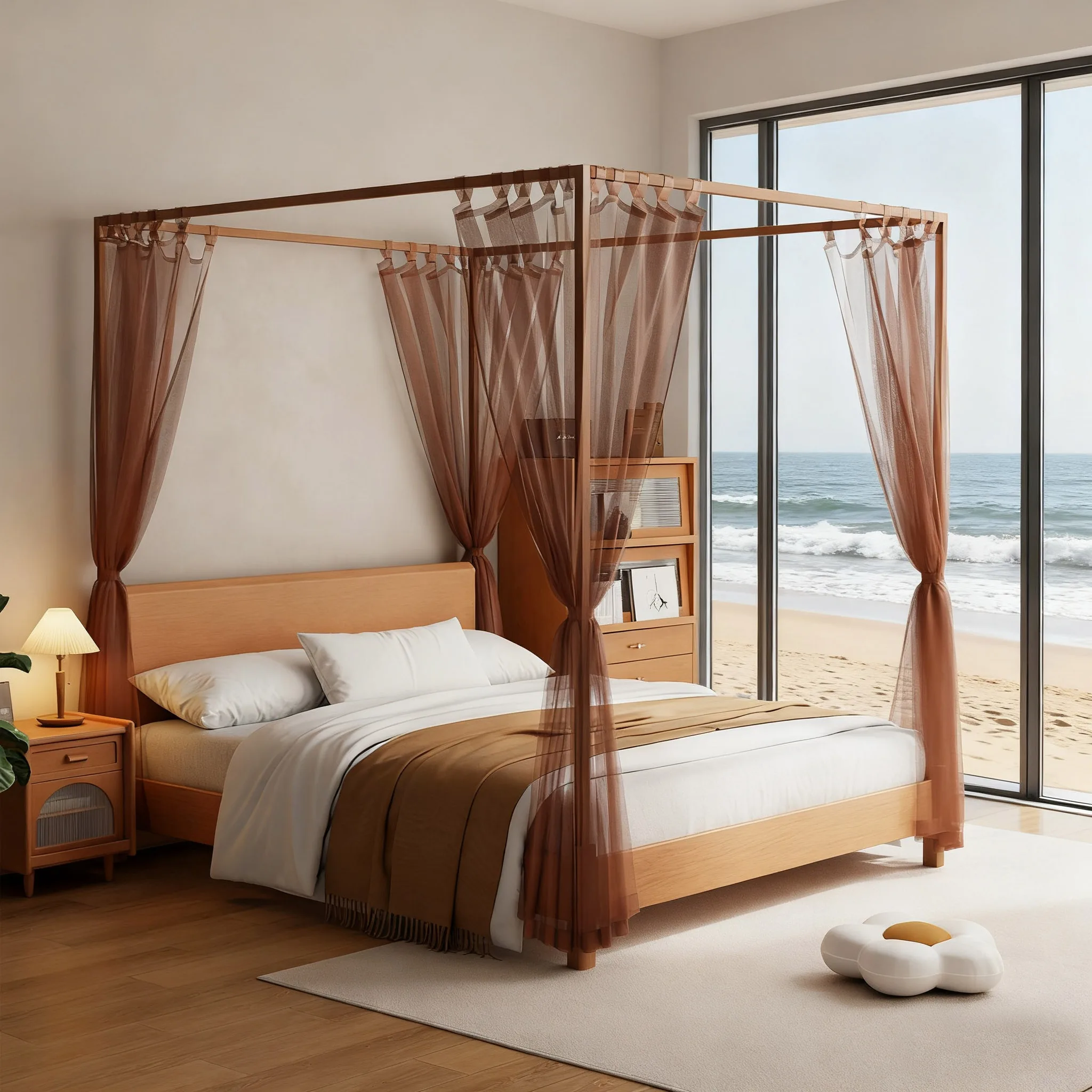 4 Corner Sheer Canopy Bed Curtains Brown Mesh Bed Curtains Canopy All Bed Size Sheer Bed Canopy Curtains for Bedroom Decoration view 6