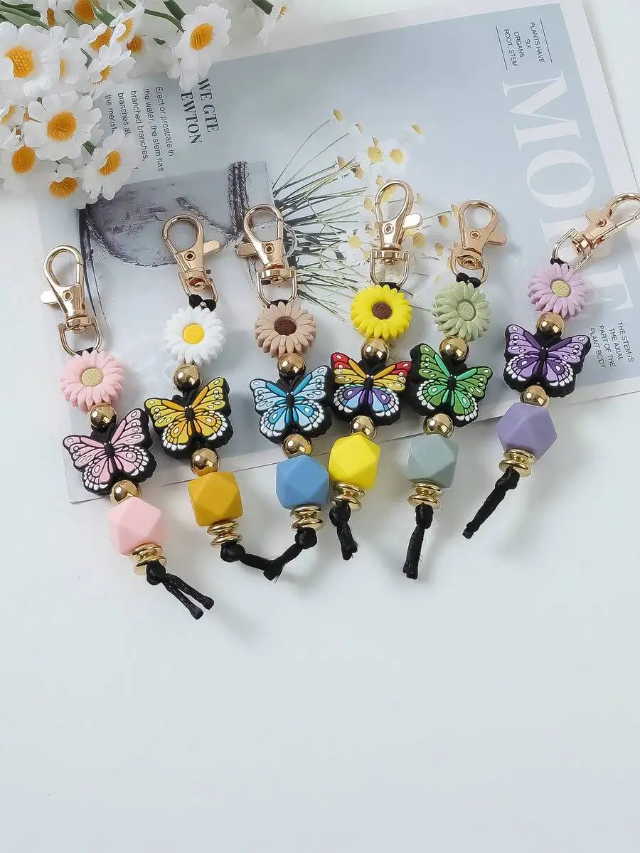 

6pcs Butterfly Daisy Silicone Bead Keychain Bag Pendant Car Key Chain For Adults
