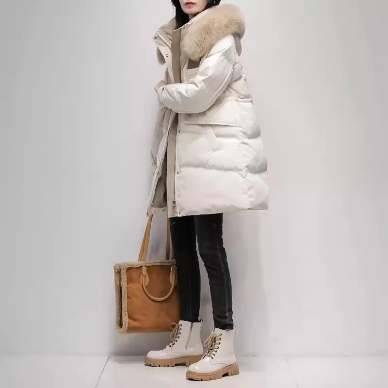 Winter Natural Fox Collar Hooded Down Jacket 2024 New Korean Fashion White Duck Down Thicken Coat Warm Female Parkas Overcoat