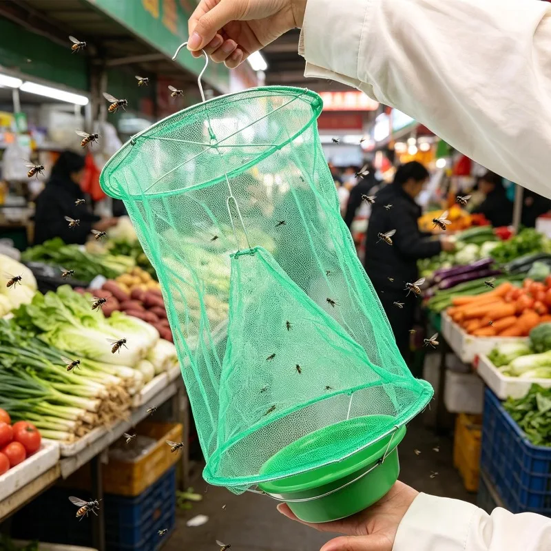 Hanging Fly Catchers Foldable Pest Traps Green Mesh Cages Flying Insects Traps for Outdoor Farm Horse Stable Orchard Supplies