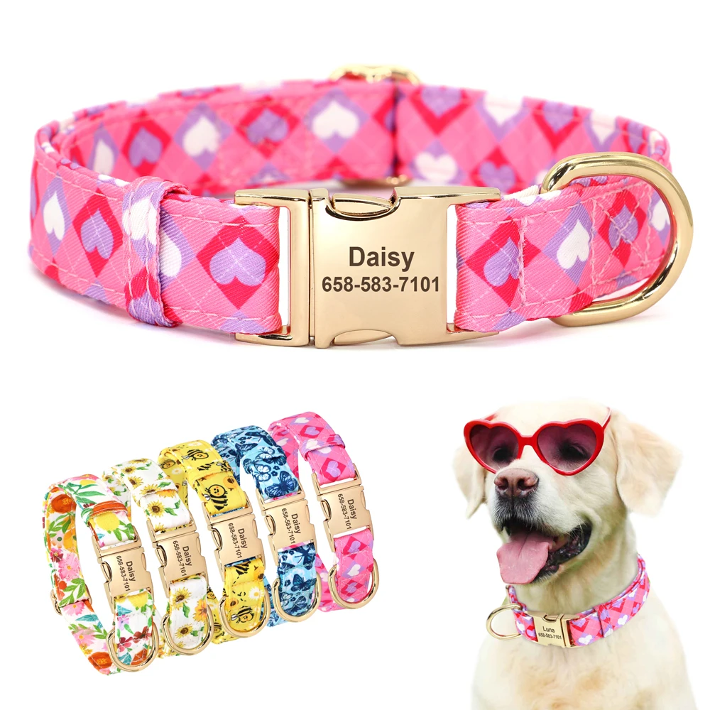 

Personalized Nylon Dog Collar Floral Printed Puppy Necklace Free Custom Pet ID Nameplate Collars For Small Large Dogs Chihuahua