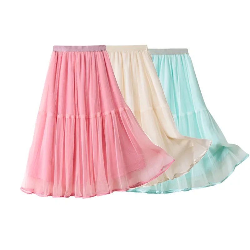 Girls Long Skirt Summer Mesh All-match Princess Skirt for Kids Elegant Elastic Waist Teen School Children Skirts 6 8 10 12 Year