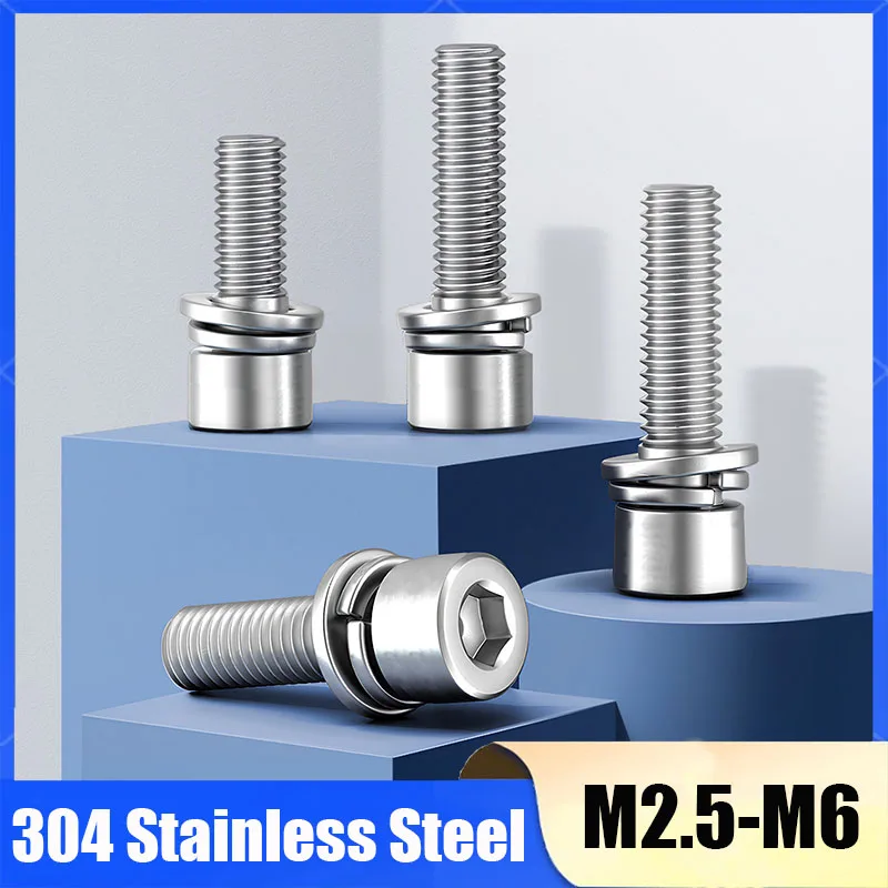 10-50Sets 304 Stainless Steel Hex Socket Cap Head SEMS Screws 3-in-1 Combined Bolts with Spring & Flat Washers M2.5 M3 M4 M5 M6